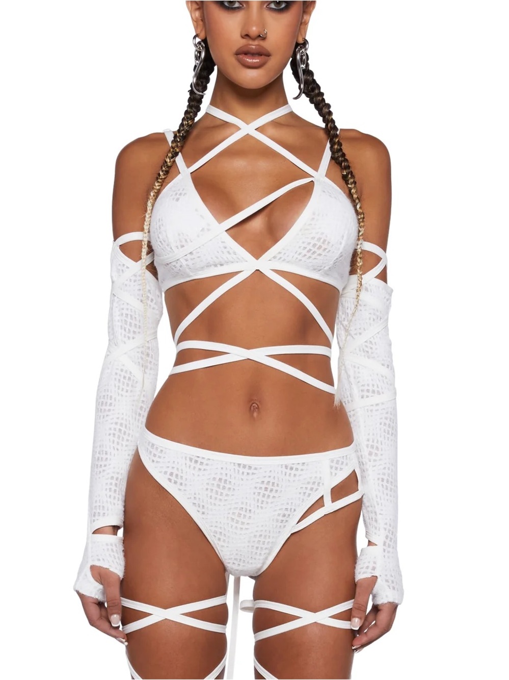 Dolls Kill Club Exx Sun Desires Bra Top And Gloves Set - WHITE / X-Small